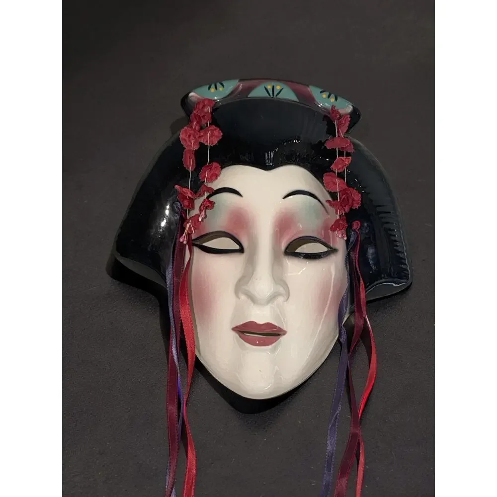 Clay Art San Francisco Geisha Wall Mask Ceramic Asian Lady Face Floral Hair 9”